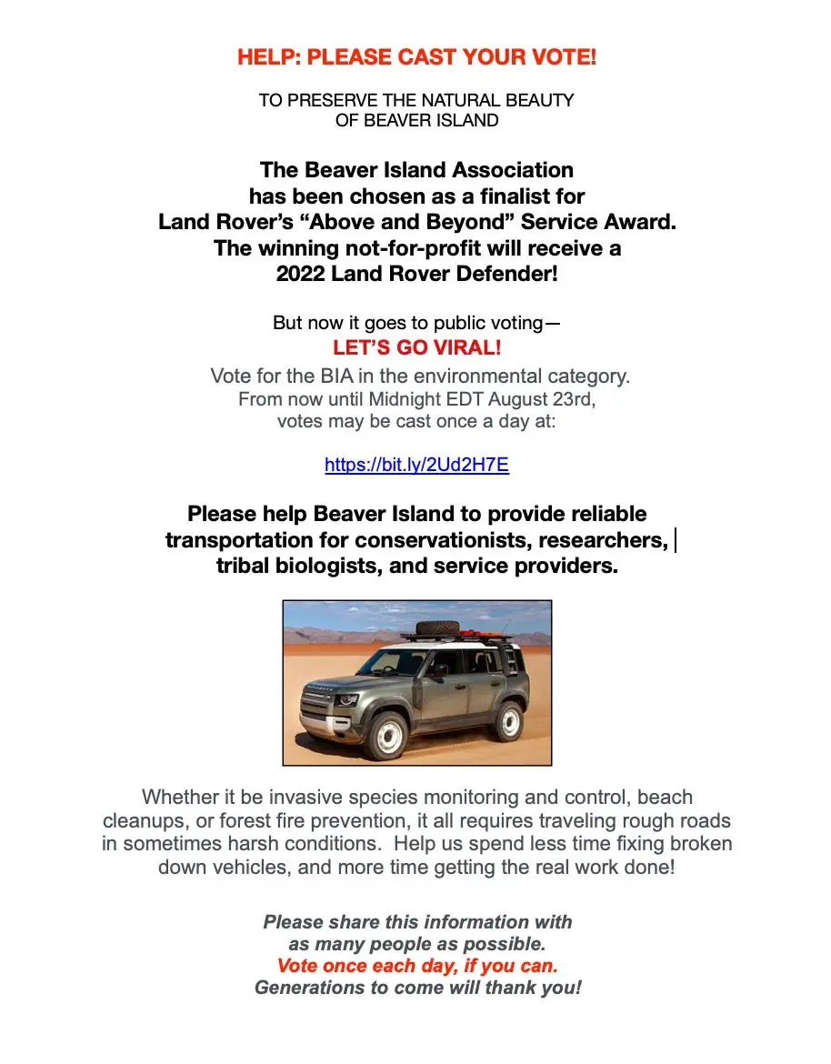 Promotional poster requesting votes for an environmental service award and showing a sport utility vehicle.