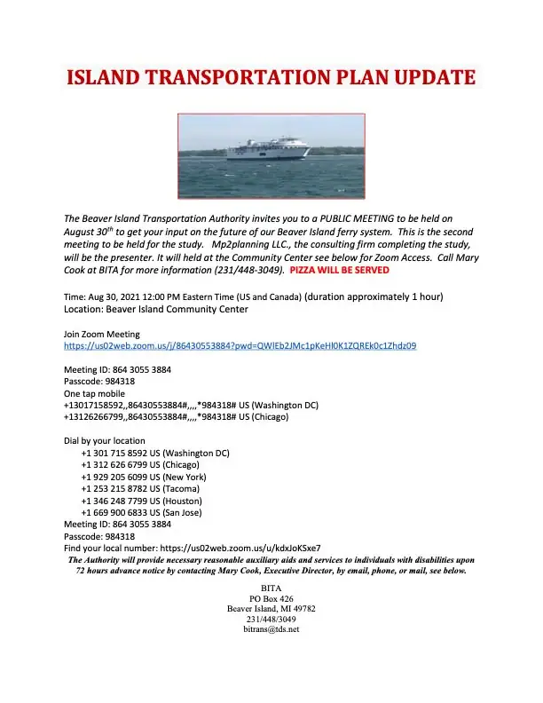 A one-page transportation-plan meeting flyer with a small photograph of a white ferry.