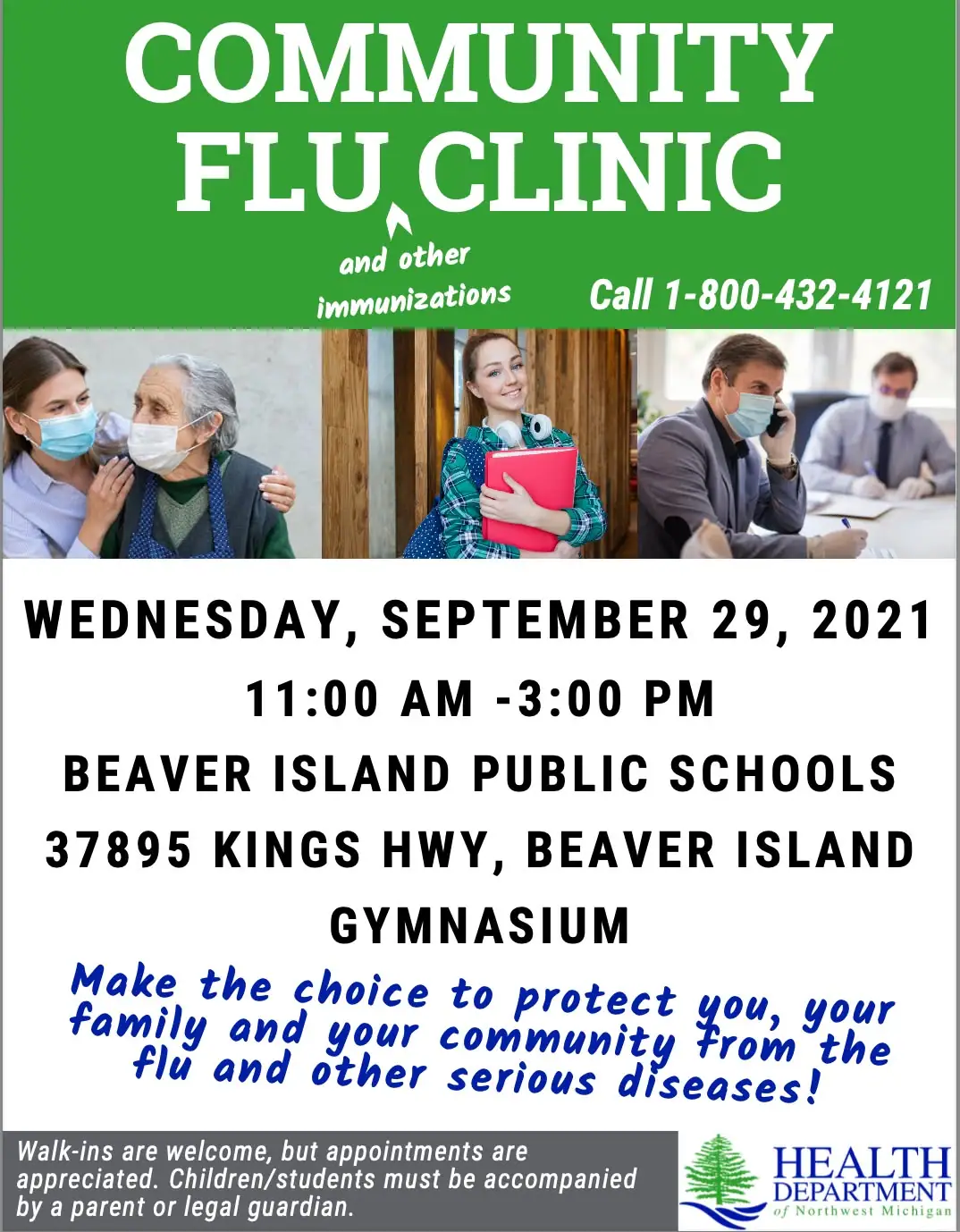 Public-health poster advertising a community flu clinic, with three photographs of masked people.