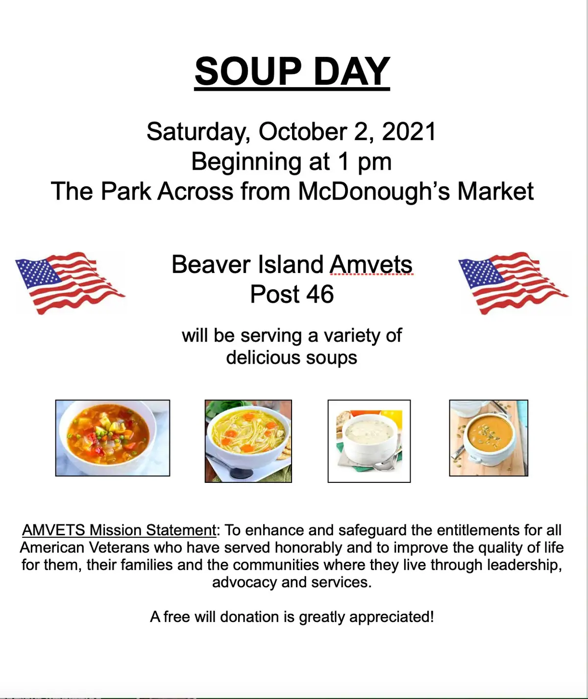 Event flyer announcing a soup meal, with stylized American flags and four illustrated bowls of soup.