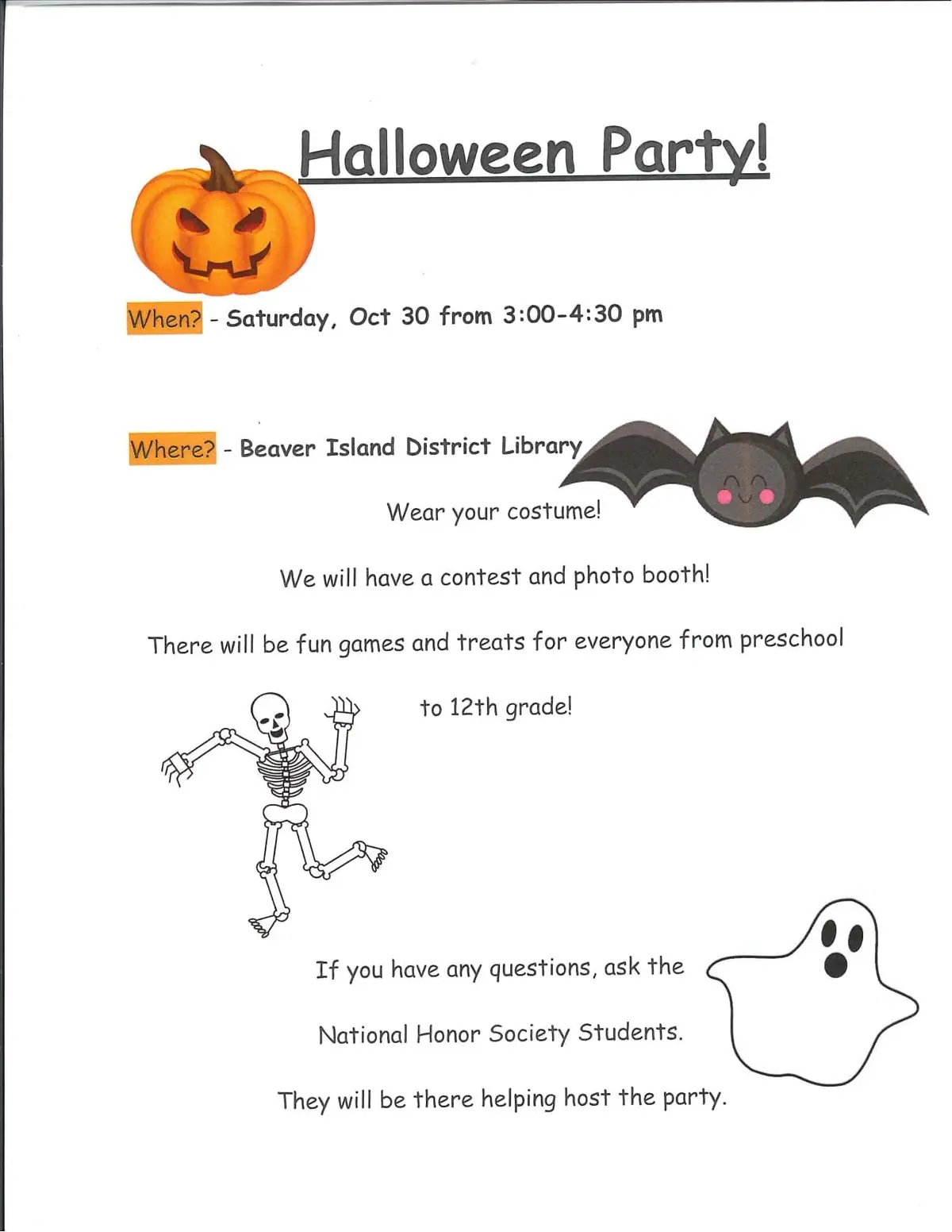 Halloween party flyer with pumpkin, bat, skeleton, and ghost illustrations.