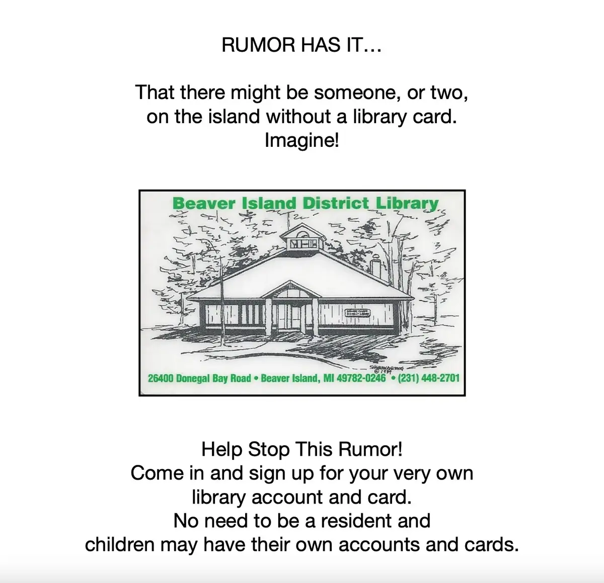 A promotional poster with a line drawing of a library building and text encouraging people to obtain library cards.