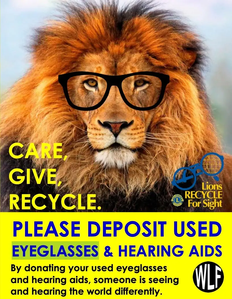 Illustrated poster showing a lion wearing eyeglasses beside a recycling donation message.
