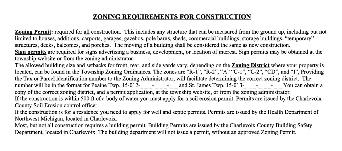 A text document titled “ZONING REQUIREMENTS FOR CONSTRUCTION” fills the image.