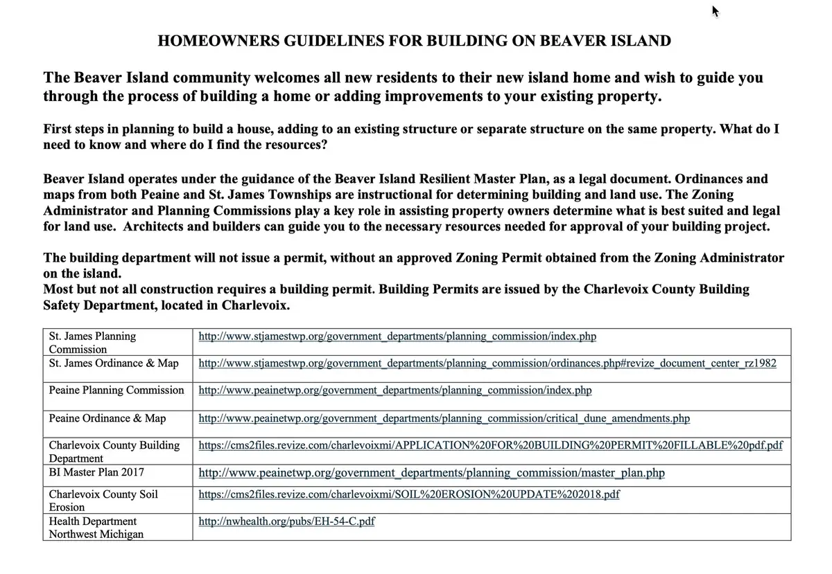 A single-page document titled “Homeowners Guidelines for Building on Beaver Island,” with guidance and resource links.
