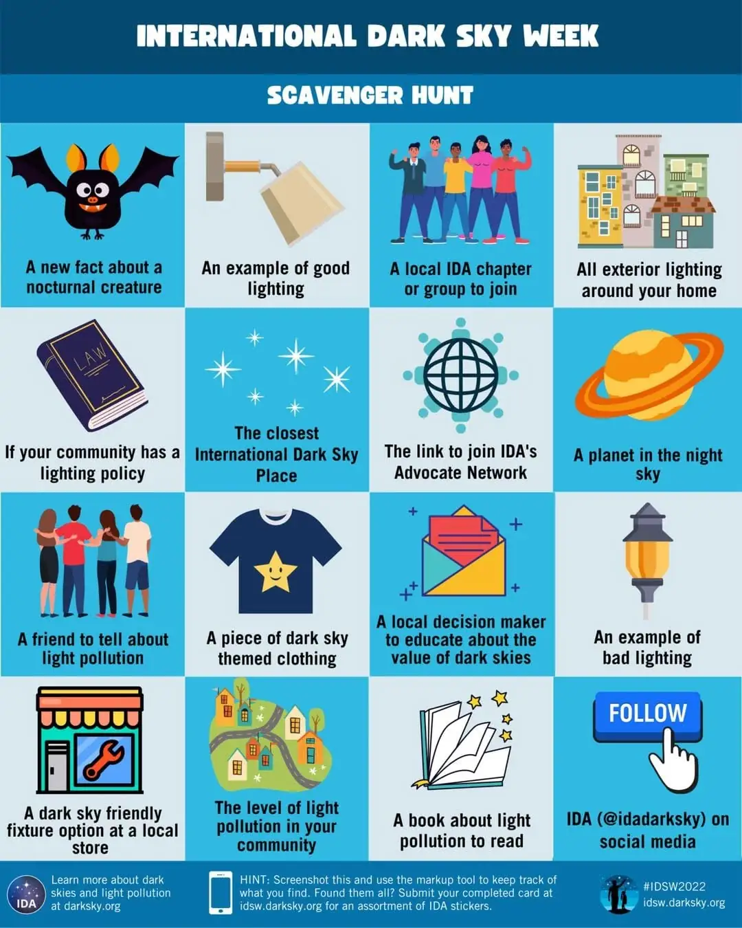 Illustrated International Dark Sky Week scavenger hunt card with sixteen prompts about night skies and lighting.