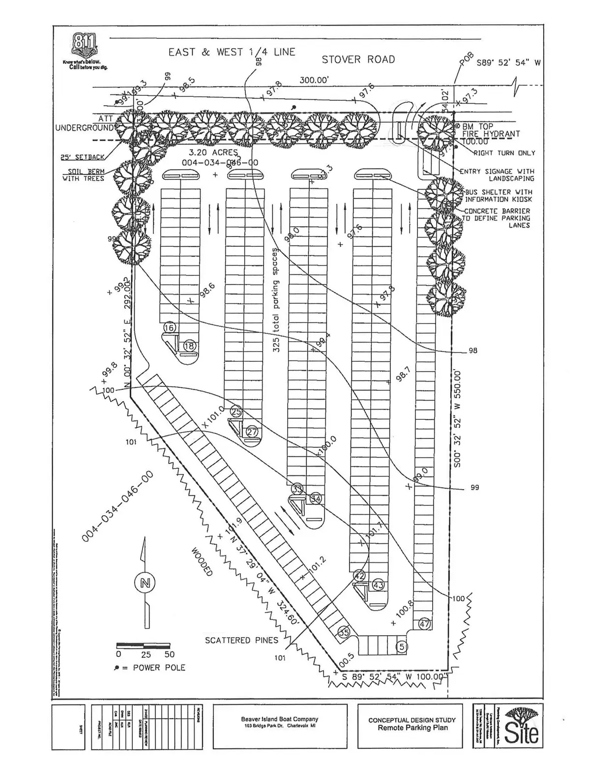 Black-and-white conceptual site plan showing a proposed parking lot with rows of spaces, access lanes, trees, and roadside features.