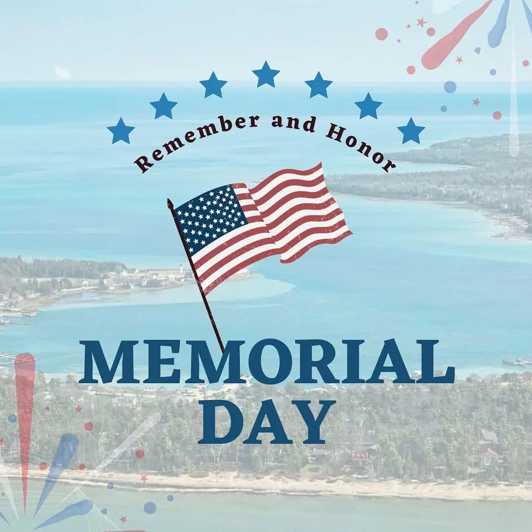 Aerial shoreline photograph overlaid with an American flag, stars, and Memorial Day lettering.