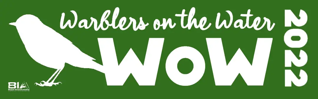 Green event banner with a white bird silhouette and the words “Warblers on the Water,” “WOW,” and “2022.”