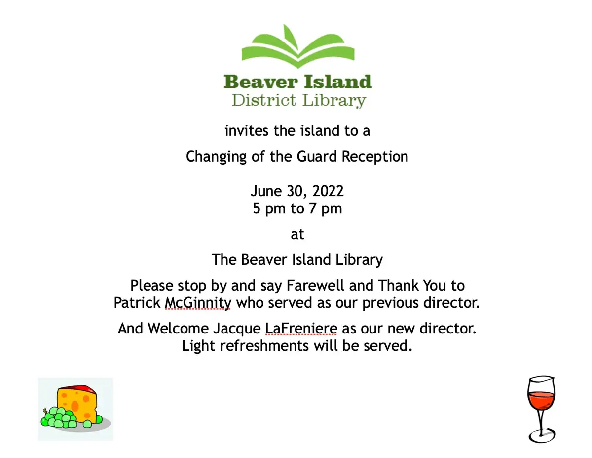 Event flyer announcing a library reception with a green open-book logo, centered text, and food-and-wine illustrations.