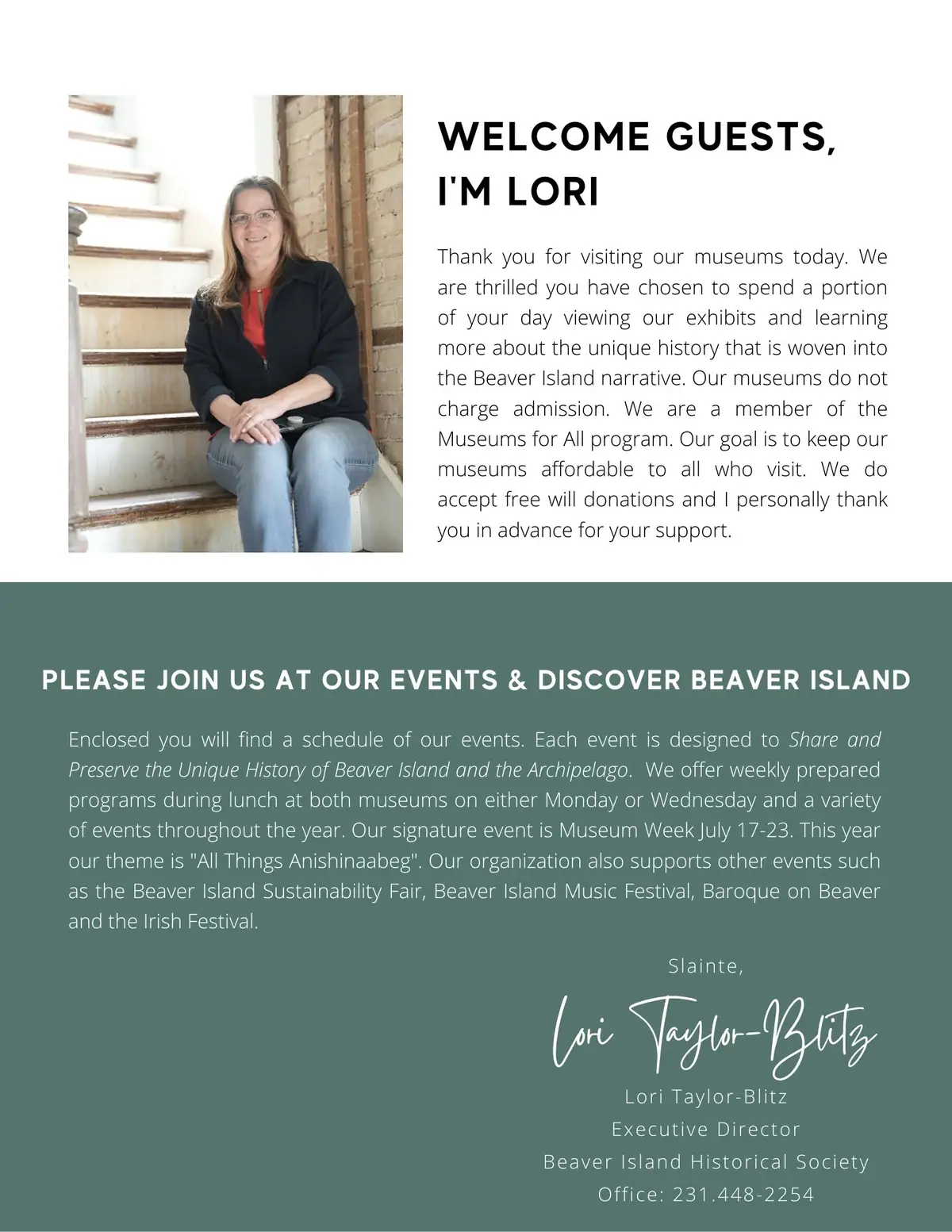 A visitor-information flyer with a portrait of a smiling woman seated on a wooden staircase.