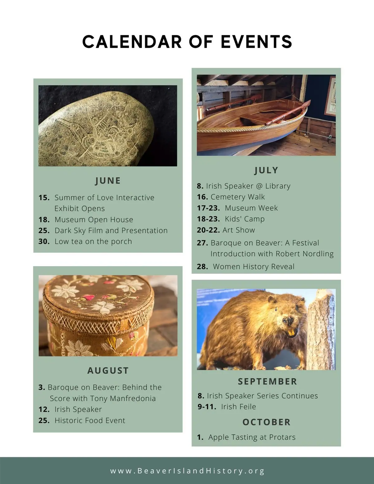 Calendar poster with event listings and four photographs of local objects, a boat, a decorated container, and a beaver.