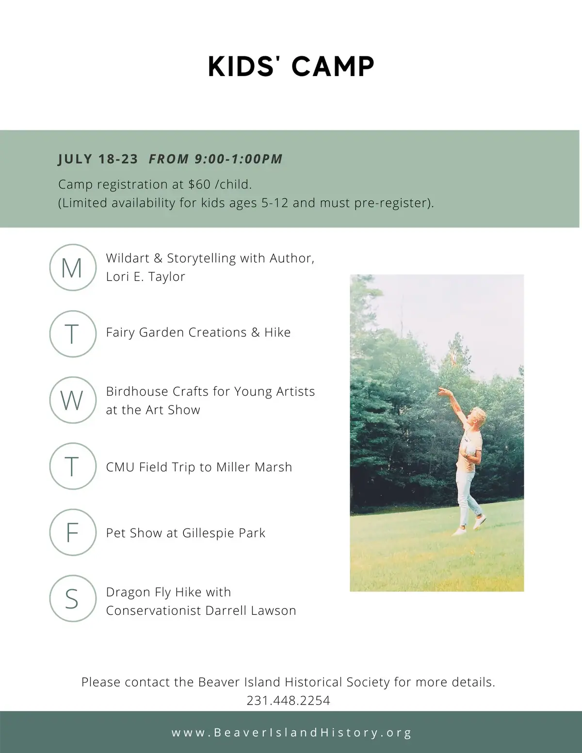 Kids' camp flyer with a weekday activity schedule and a small outdoor photograph.