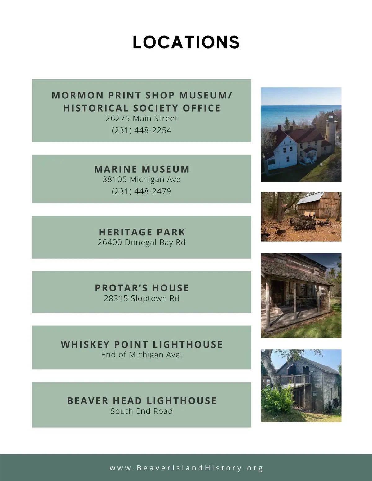 A printed locations flyer with six green text panels and four photographs of historic buildings.