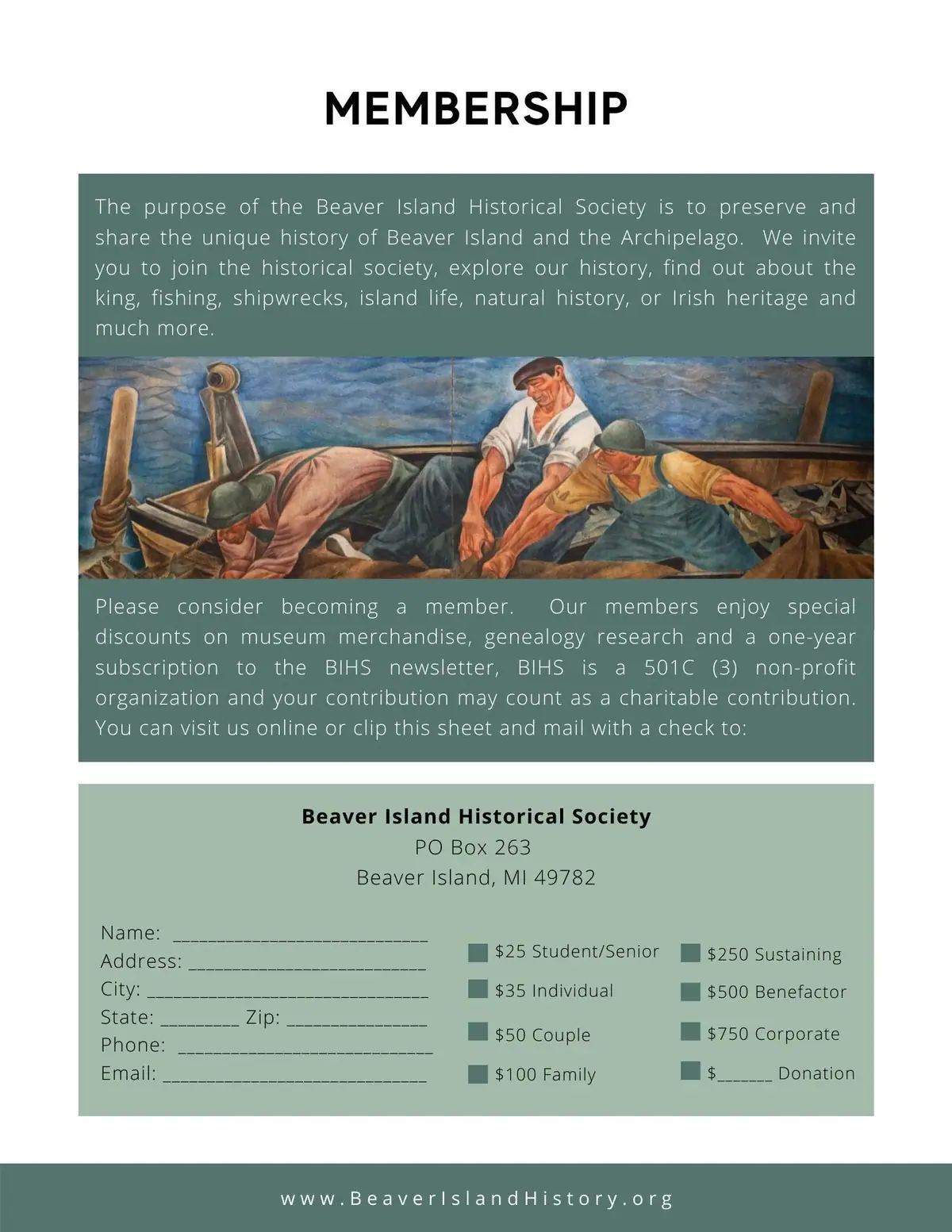 Membership form with a fishing scene illustration, organizational information, contact fields, and contribution options.