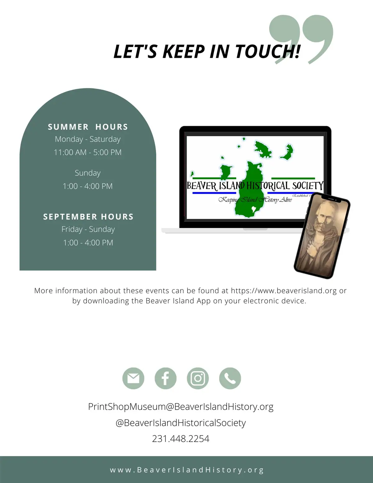 Promotional graphic showing opening hours, contact information, a laptop map, and a phone displaying a sepia portrait.