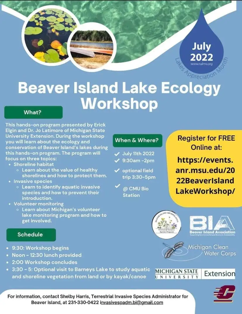 Promotional flyer for a lake ecology workshop with aquatic plant and shoreline photographs.