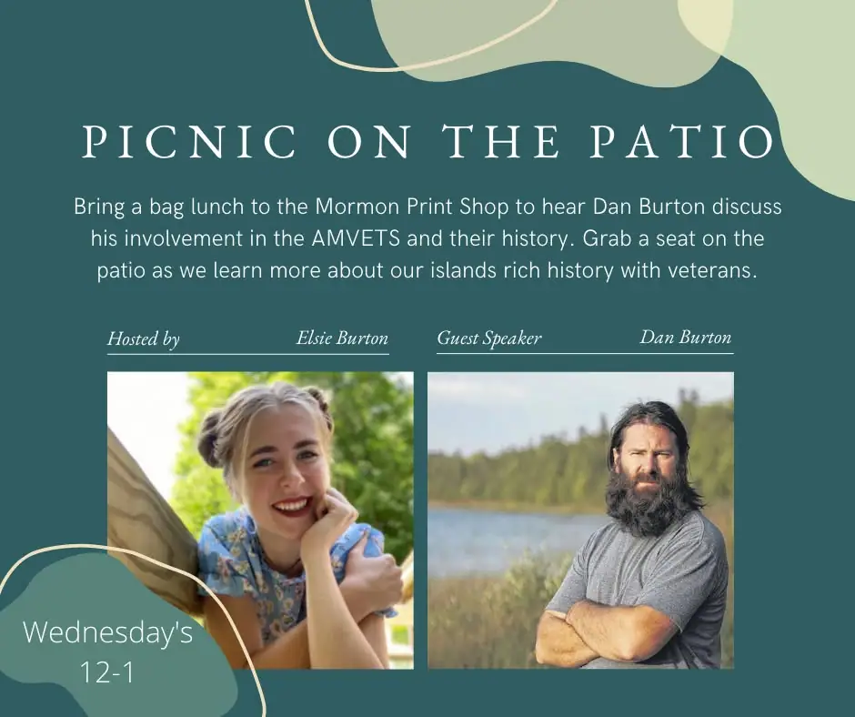 A designed event flyer with two portrait photographs and text announcing a patio picnic and discussion.
