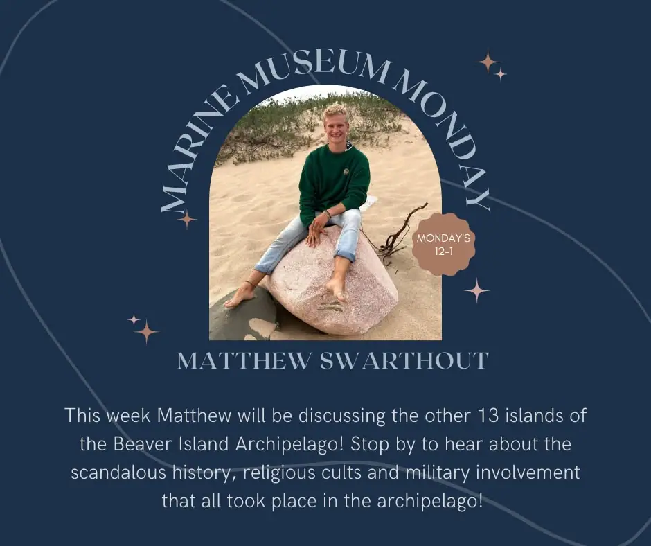 Promotional graphic showing a young man seated on a rock in sandy dunes, surrounded by marine museum event text.