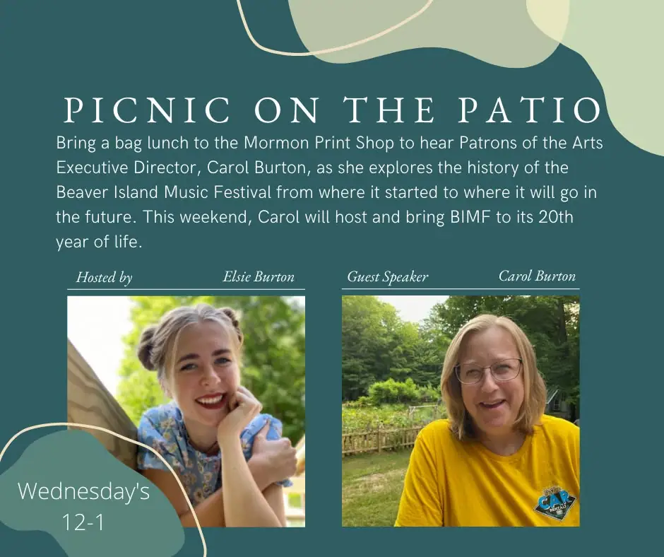 Promotional poster with two portrait photographs and event details for a patio gathering.