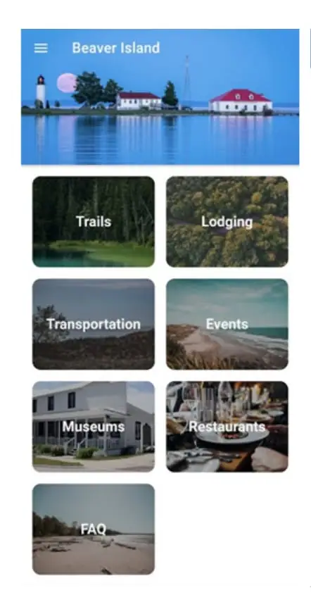 Mobile app menu with a lighthouse banner and labeled navigation buttons.
