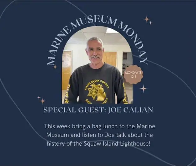 Promotional graphic with a man's portrait, decorative stars, and text inviting visitors to a museum program.