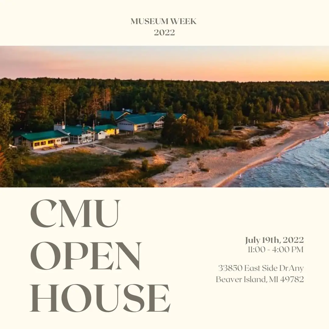 Promotional poster with an aerial shoreline view, forest, green-roofed buildings, and event text.