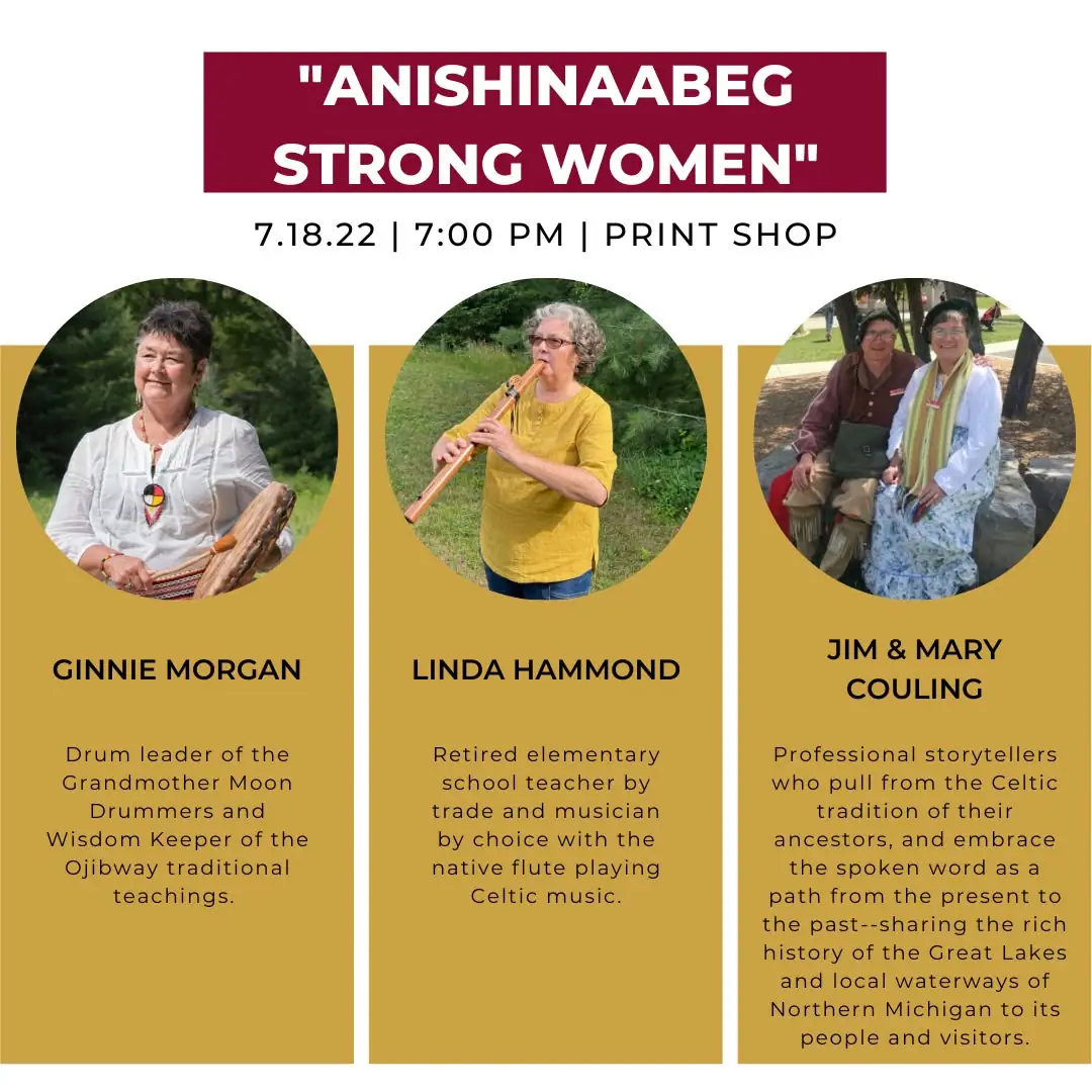 Event flyer with three circular portraits of women and a pair of storytellers, plus text about music and traditional teachings.