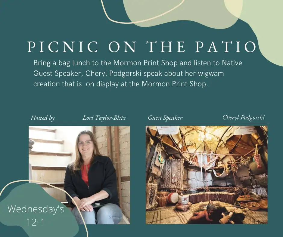 Graphic event flyer with two inset photographs: a seated woman and the interior of a wigwam.
