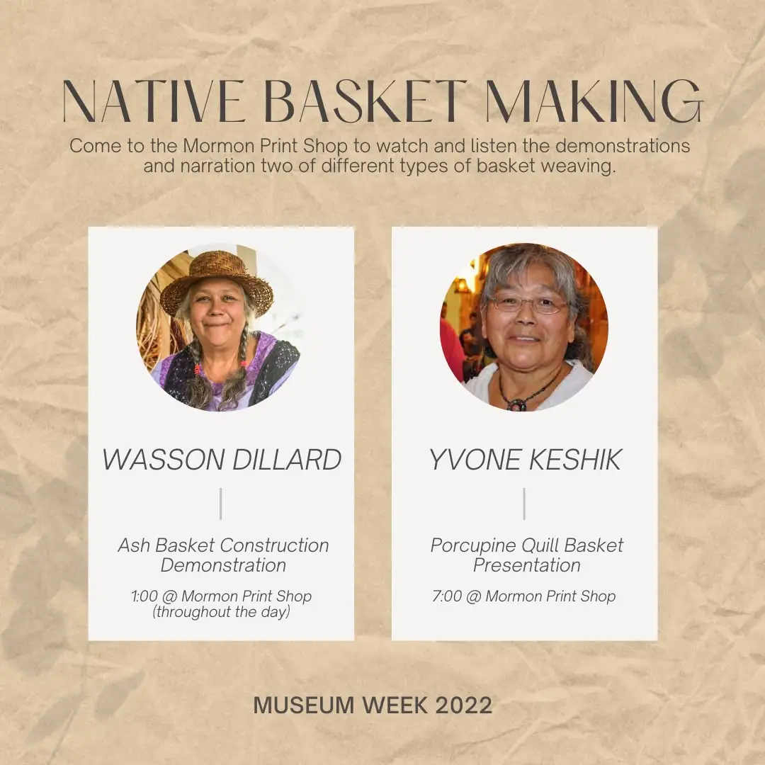 Promotional graphic for native basket-making demonstrations with two circular portrait photographs.