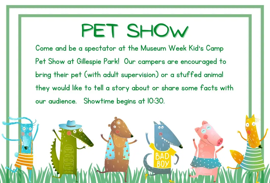 Illustrated pet show poster with five cartoon animals and green text on a white background.