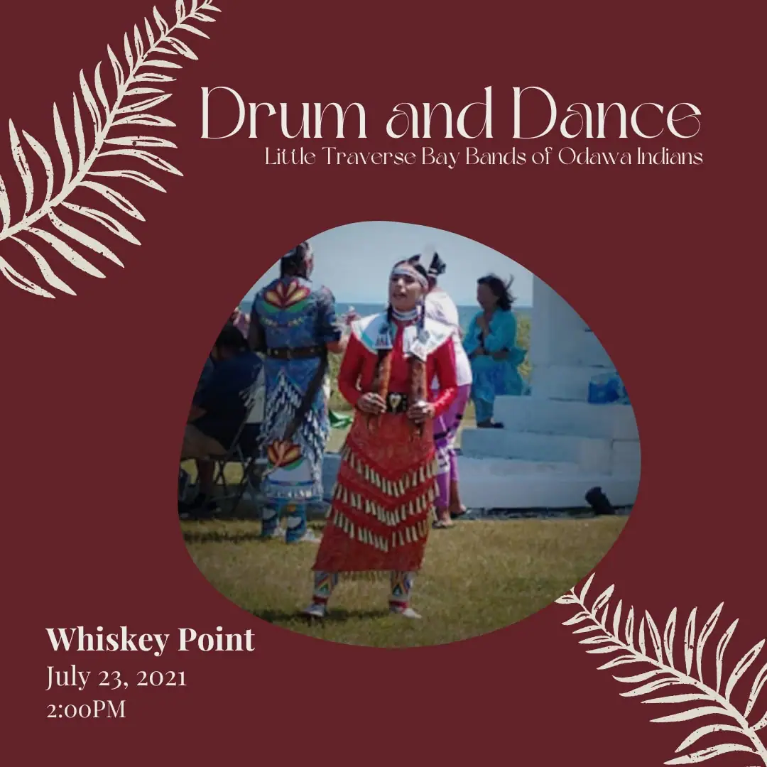 Poster for a drum-and-dance event with a circular photograph of a dancer in regalia.
