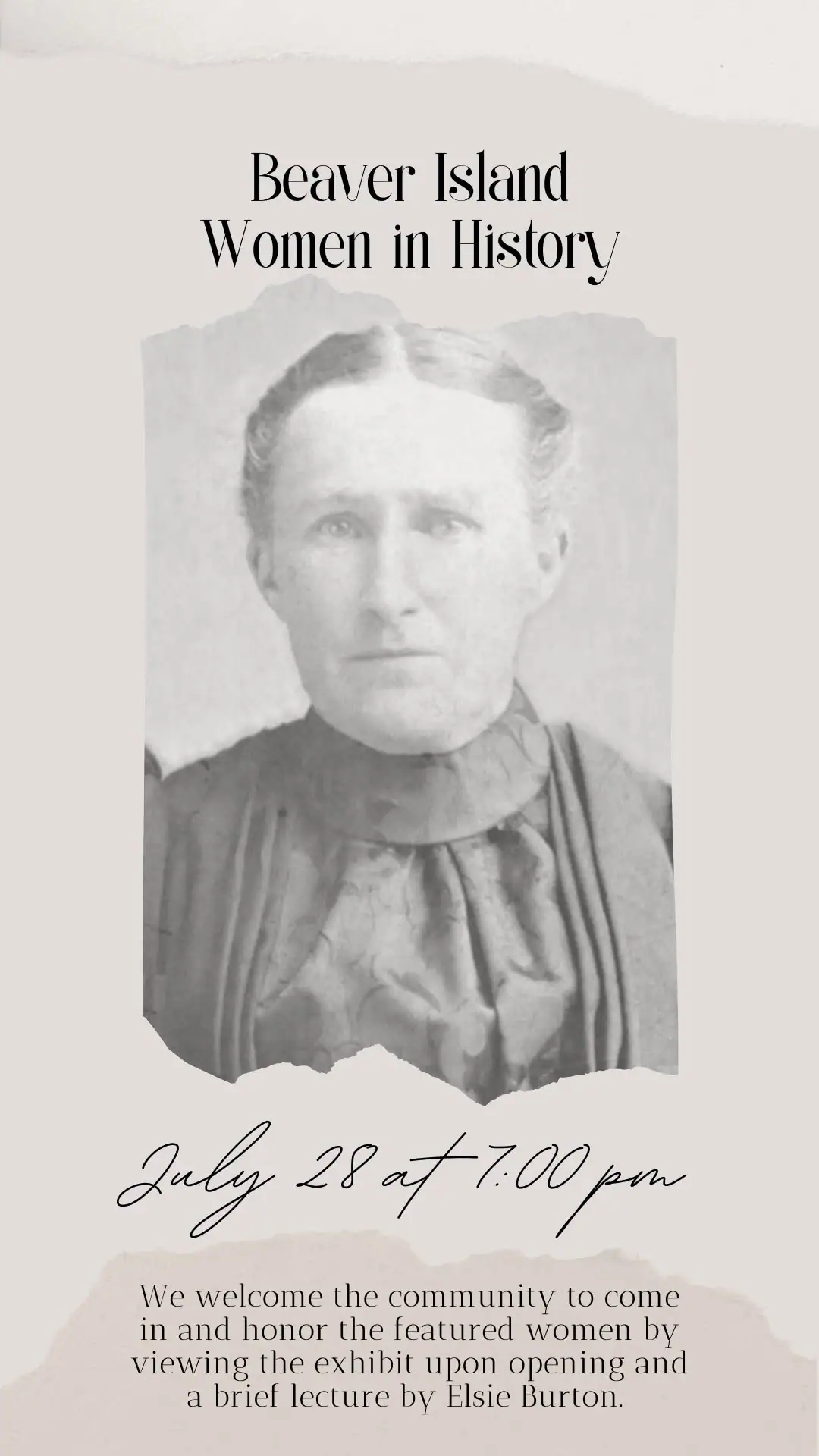 Promotional poster with a black-and-white portrait of a woman and text announcing a history exhibit and lecture.