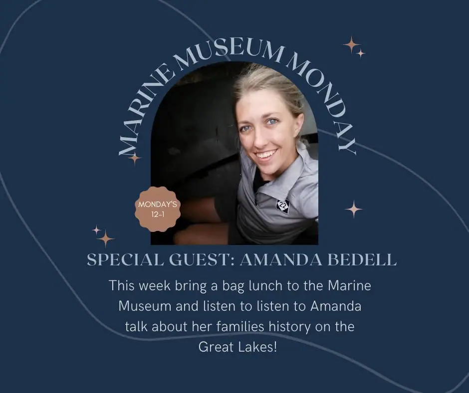 Promotional graphic with a smiling woman, decorative lettering, and an invitation to a museum talk.