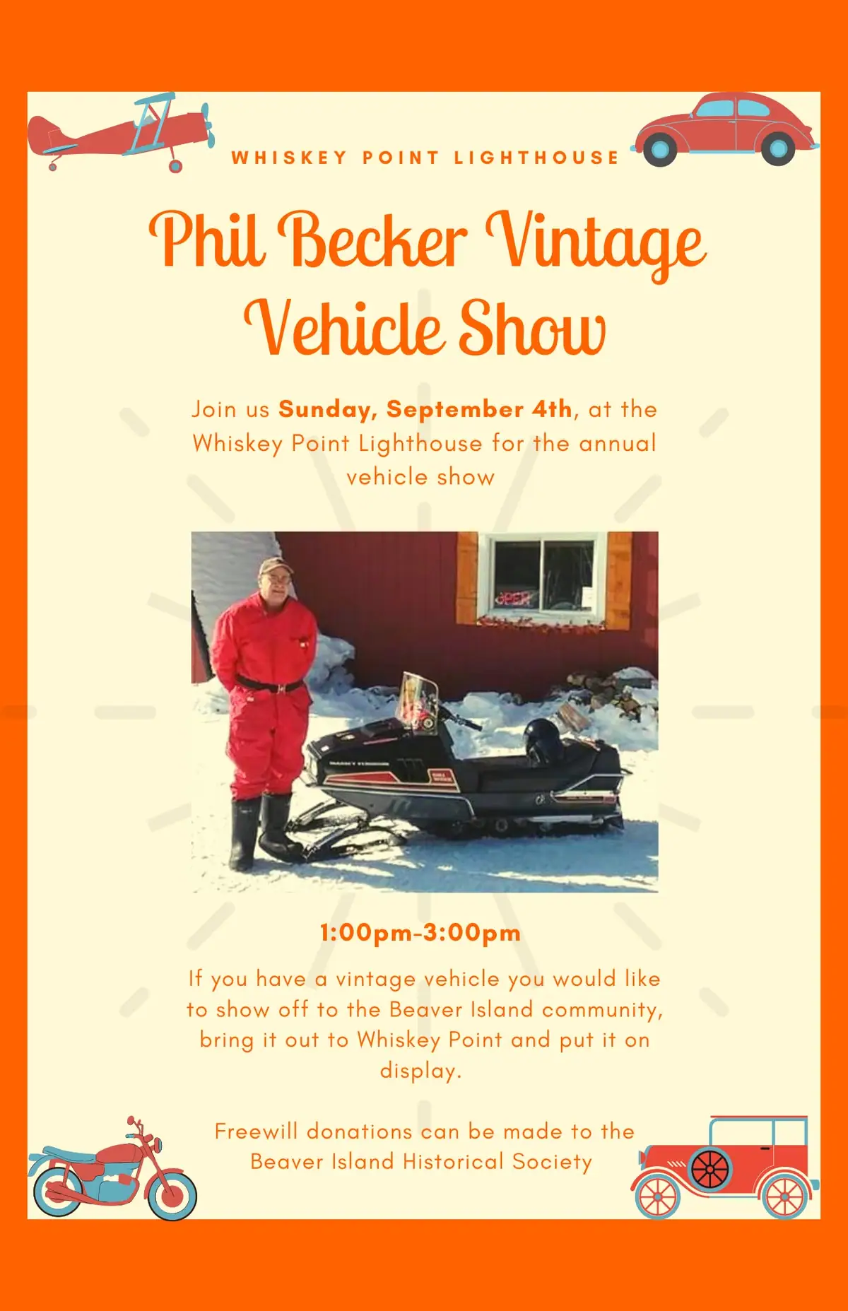Illustrated vintage vehicle show poster with a person beside a snowmobile and drawings of historic vehicles.