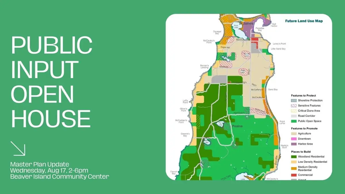 Graphic poster announcing a public input open house beside a color-coded future land use map.