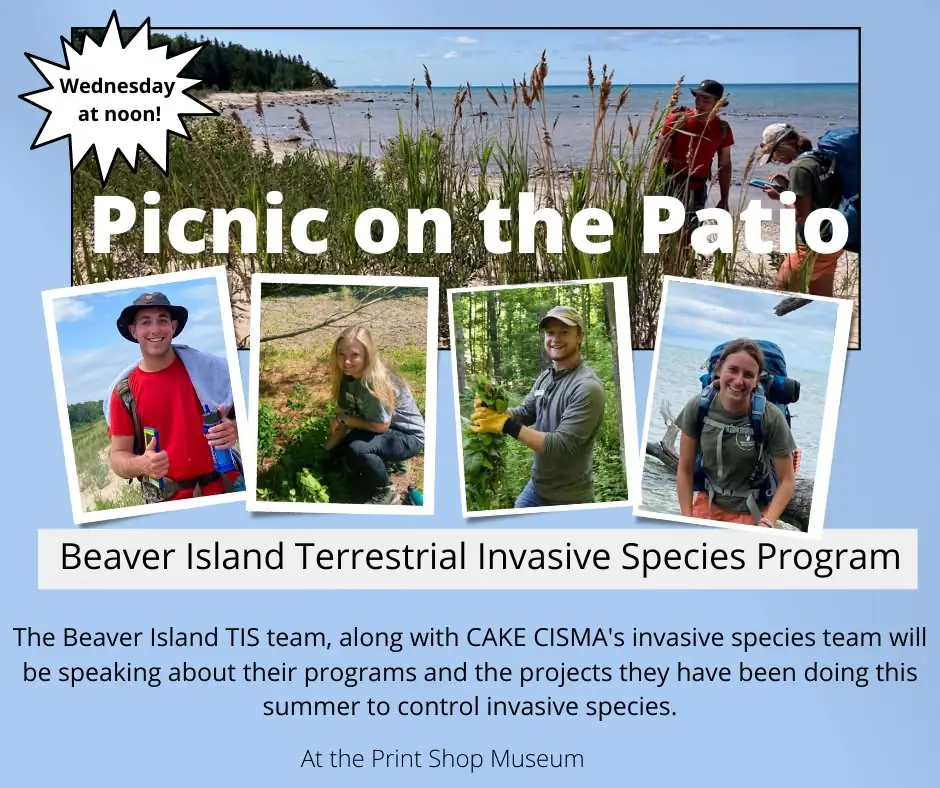 Promotional poster with outdoor portraits, a shoreline scene, and information about an invasive-species program.