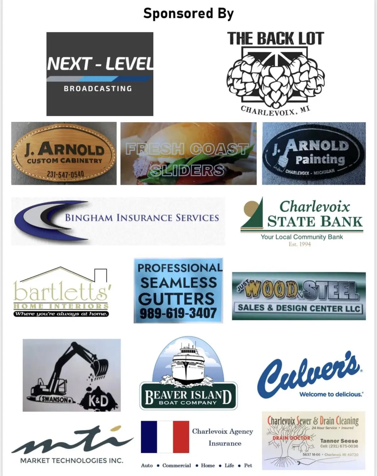 Graphic collage of sponsor logos and business advertisements arranged in rows on a white background.