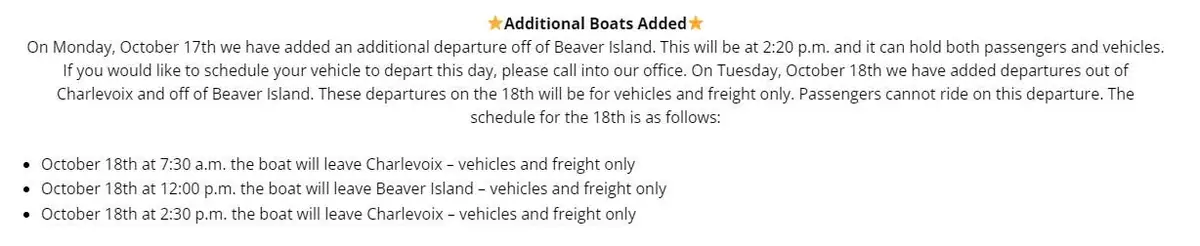 A wide announcement graphic lists additional boat departures and restrictions on passenger, vehicle, and freight service.