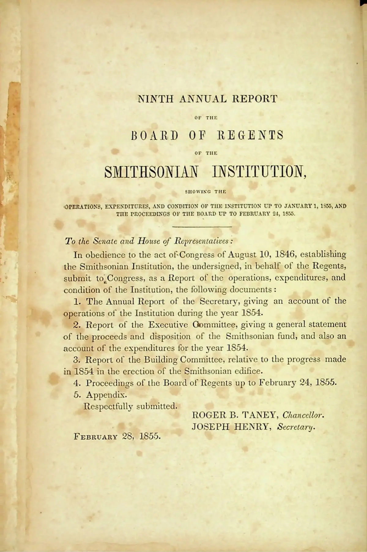 A stained nineteenth-century printed report title page with formal headings, text, signatures, and a date line.