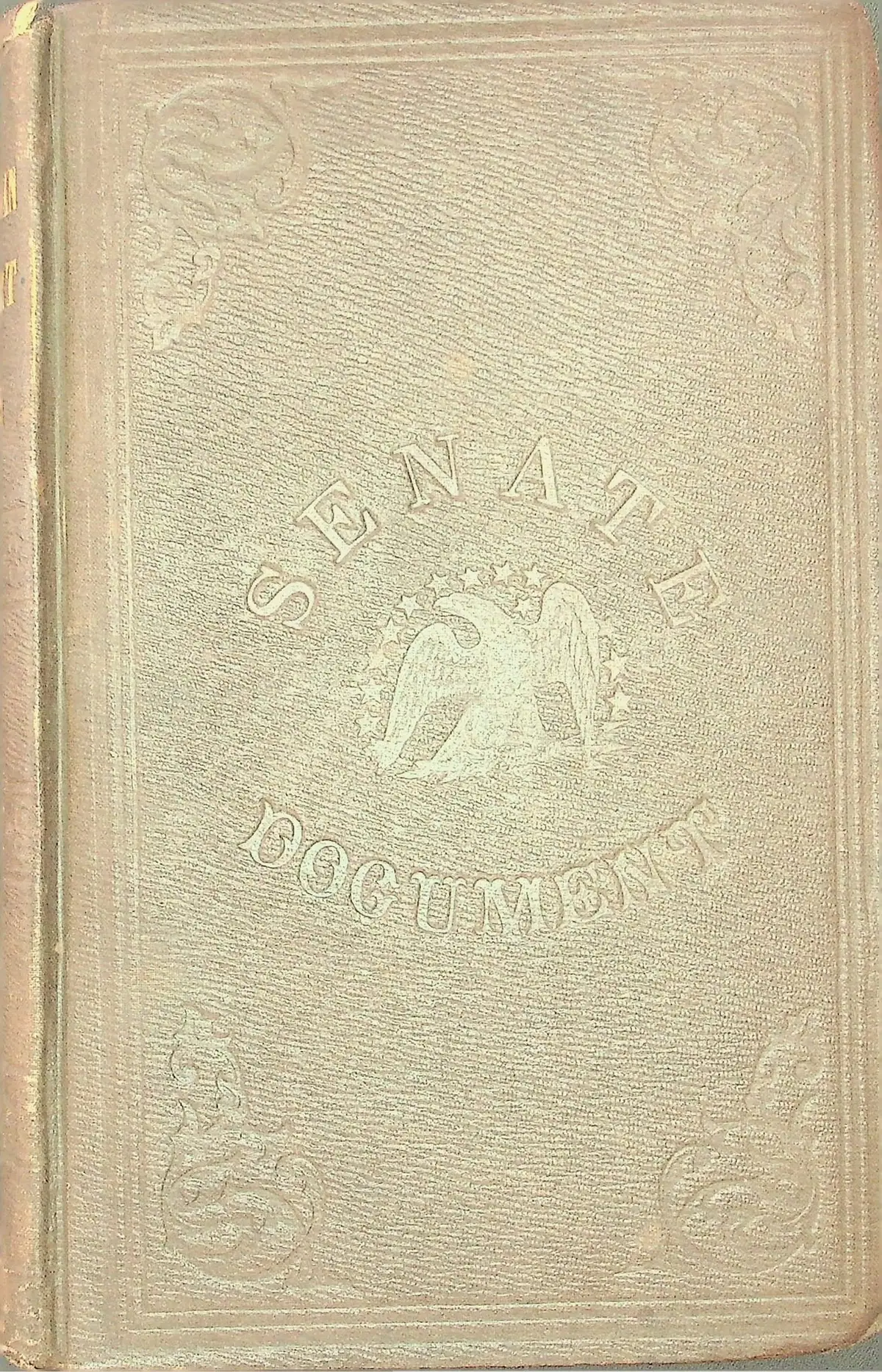 Photograph of an embossed book cover bearing an eagle emblem, stars, and the words “SENATE DOCUMENTS.”