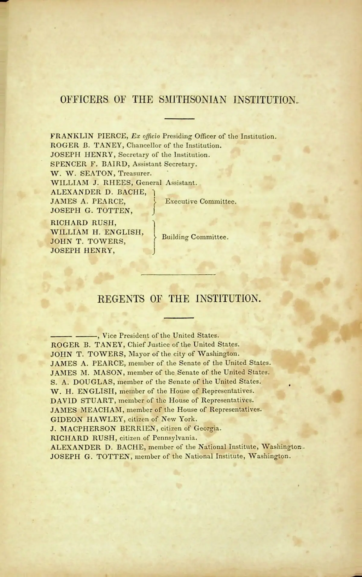 Scanned printed page listing officers and regents of the Smithsonian Institution.