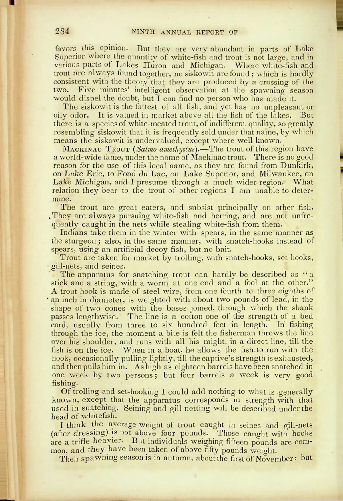 Scanned book page with dense printed text about siskowit and trout fishing methods.