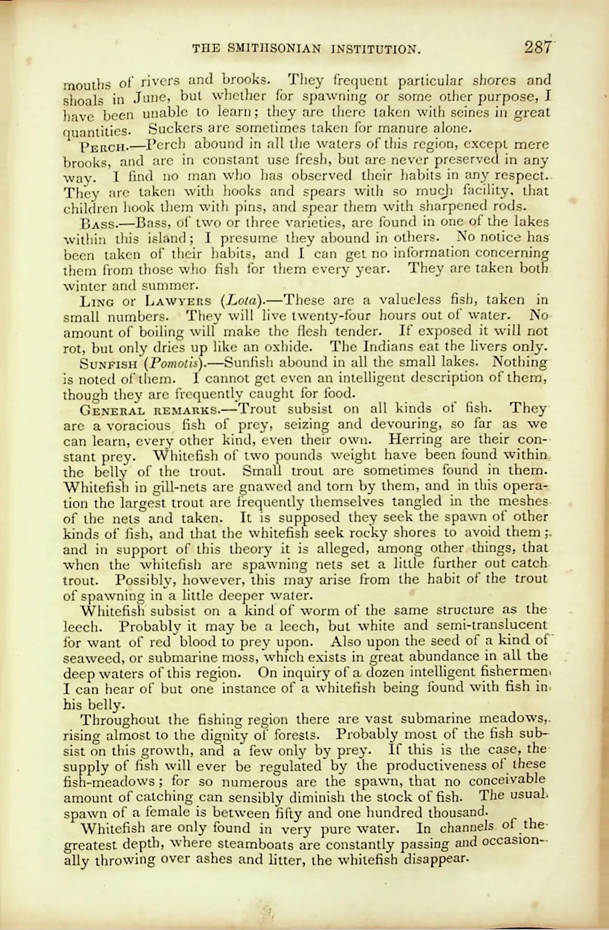 A scanned book page headed “THE SMITHSONIAN INSTITUTION,” with printed passages about regional fish and fishing.