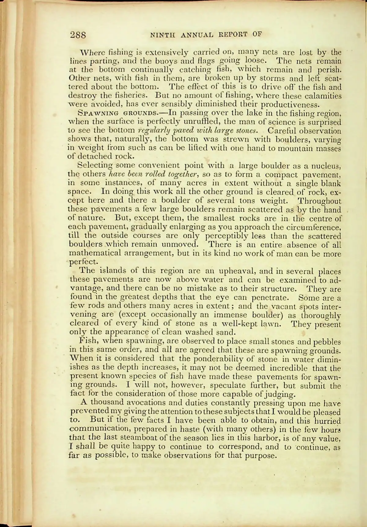 Scanned page from a printed annual report discussing lost fishing nets and fish spawning grounds.