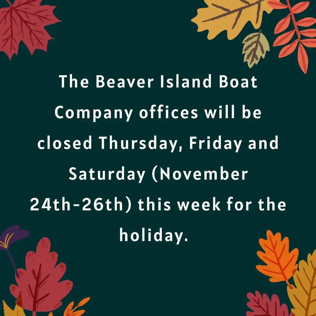 Graphic notice with white text announcing office closures, framed by illustrated autumn leaves.