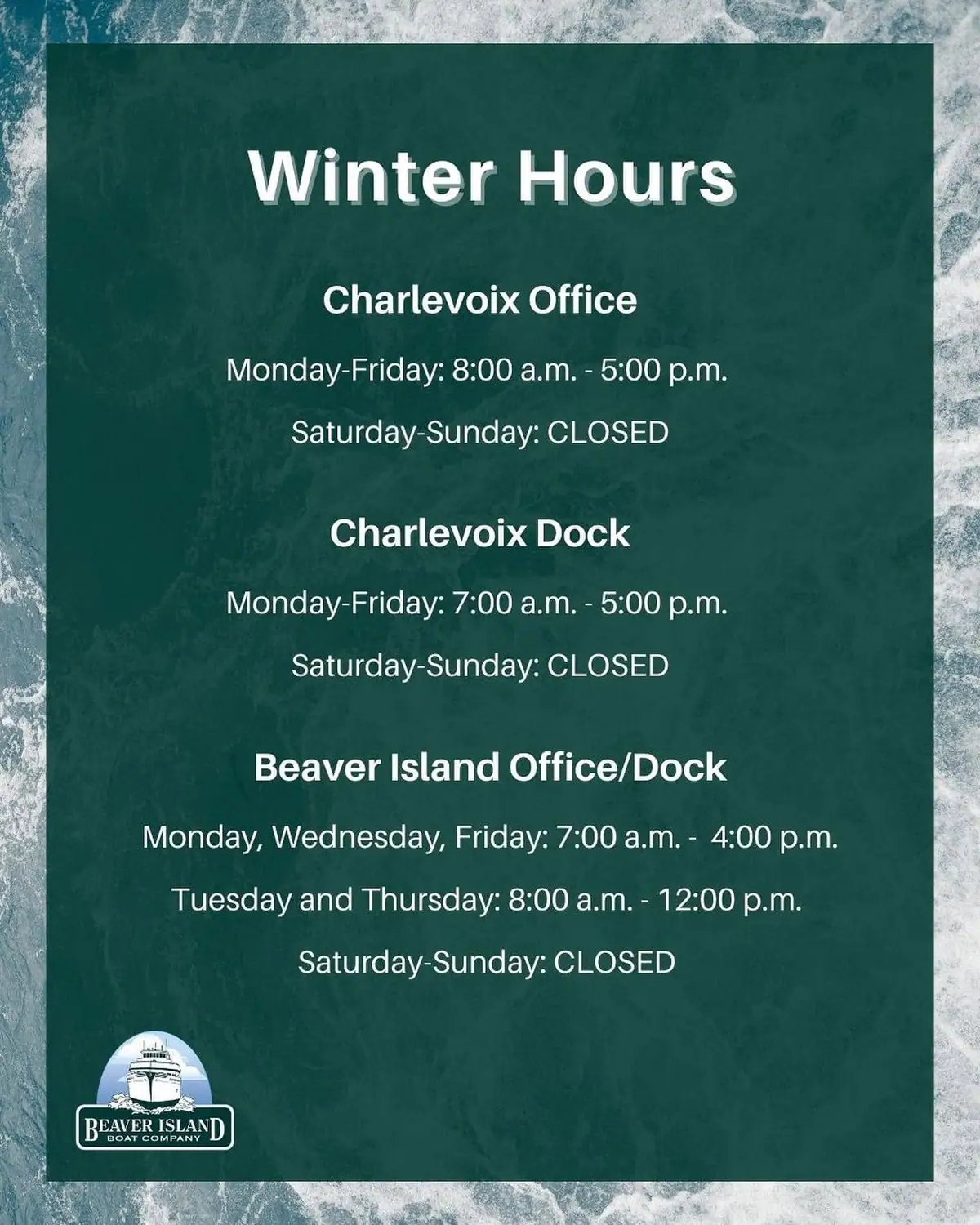 Graphic notice listing winter office and dock hours, with a ferry logo at the bottom.