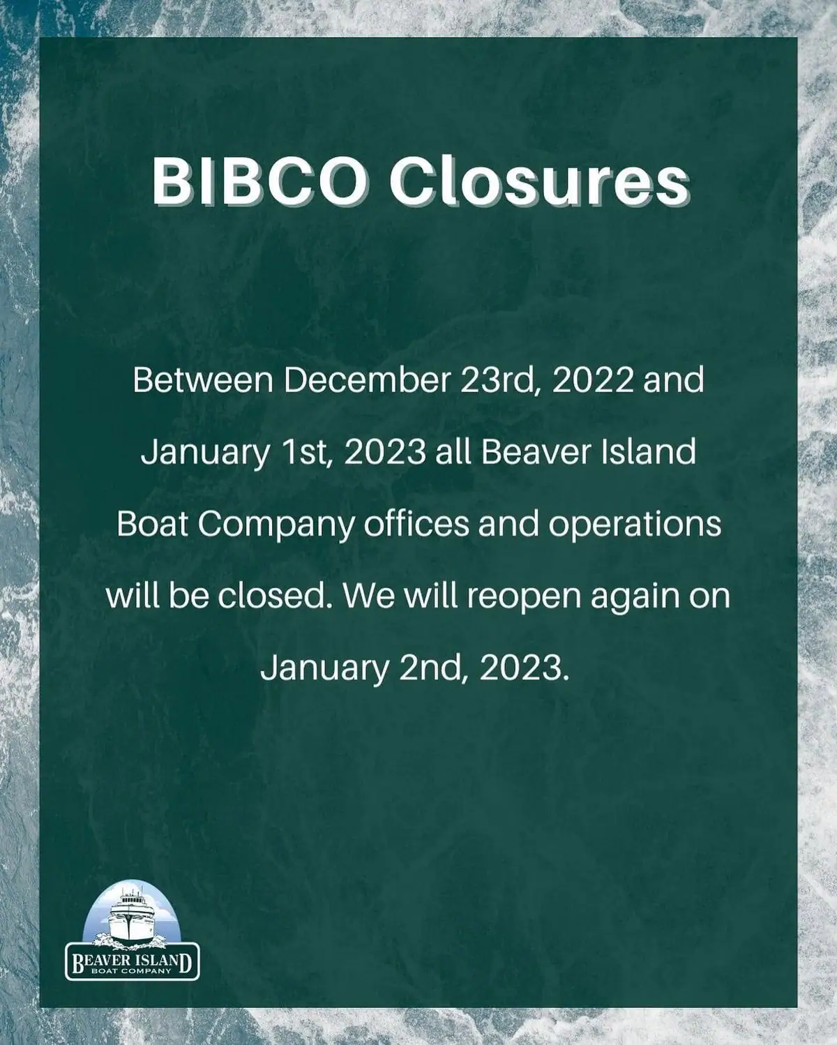 Graphic closure notice with holiday dates and a passenger-ferry logo.