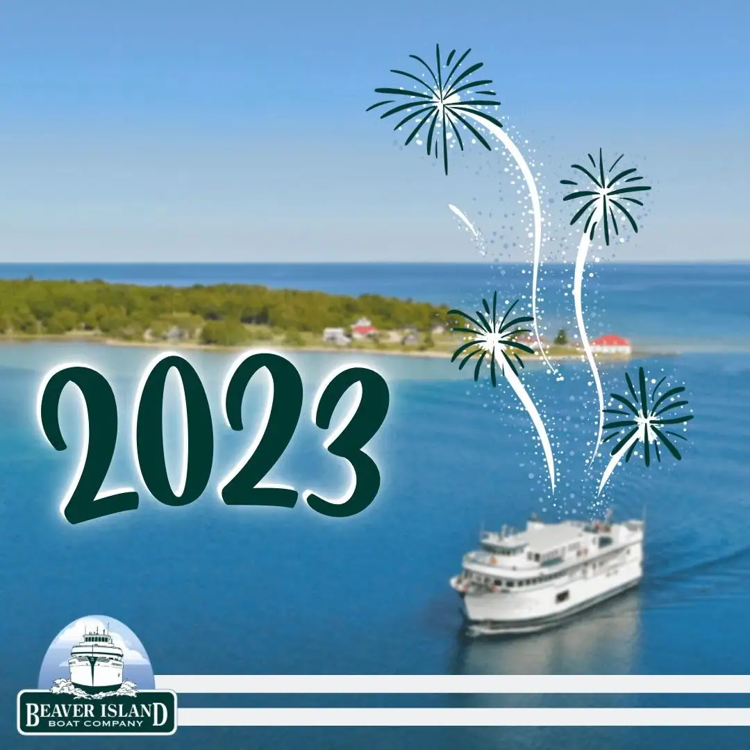 Graphic showing a passenger ferry on blue water beneath fireworks, with large 2023 lettering.