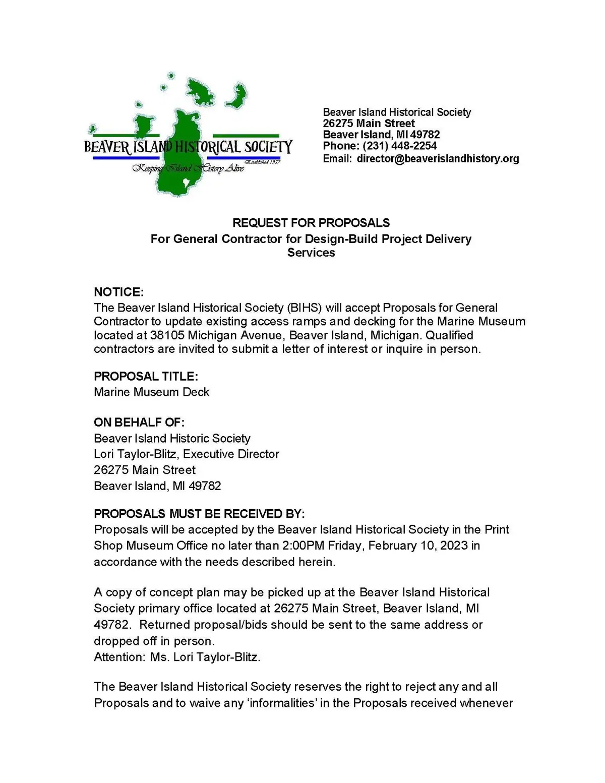 A scanned proposal notice with a green map logo, contact information, and construction project details.